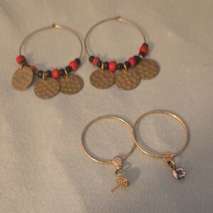 Gold and Red Beaded Hoop Earrings Set